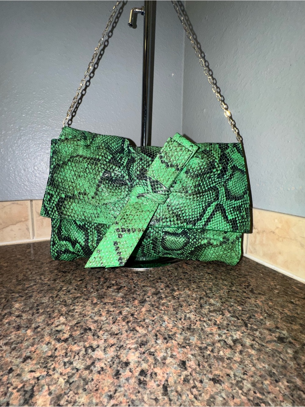 Furla Authentic Green Python Snakeskin Print Leather Chain Shoulder Bag EUC - Picture 8 of 9